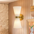 Load image into Gallery viewer, Farmhouze Light - 2 - light UP Down Striped Glass Double Cone Wall Light - Wall Sconce - Brown Glass + Oil - Rubbed Bronze Finish -