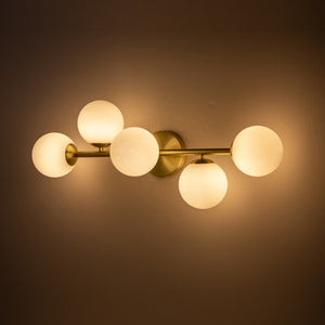 5-Light Brass Linear Opal Glass Globe Vanity Wall Light