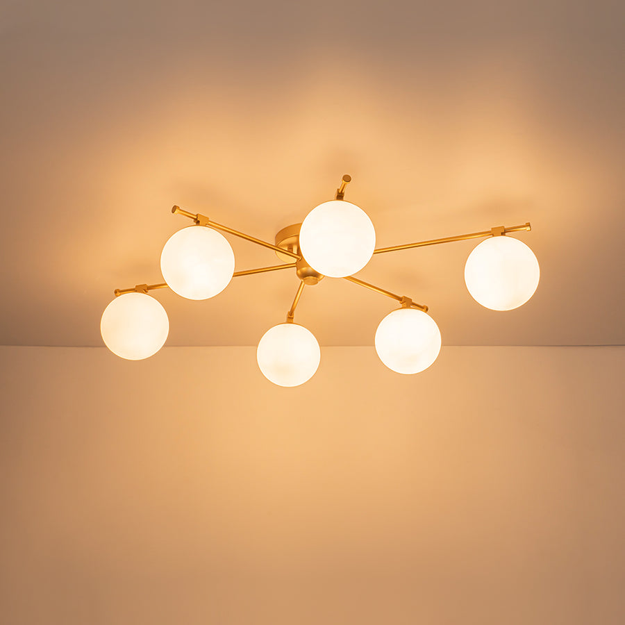 Modern 6-Light White Glass Globe Sputnik Semi Flush Mount