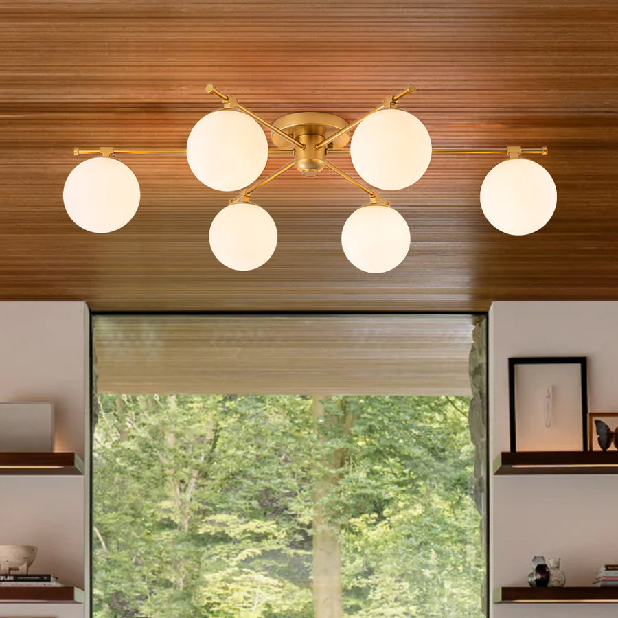 Modern 6-Light White Glass Globe Sputnik Semi Flush Mount