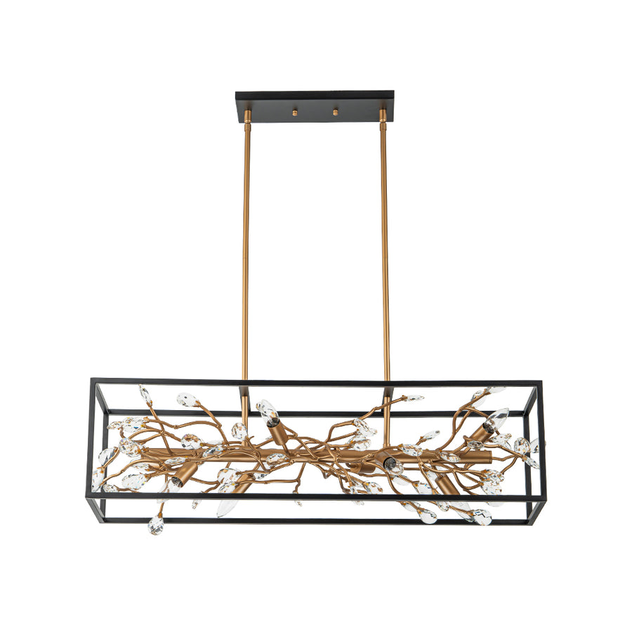 Modern Gold Branch Crystal Black Rectangle Island Chandelier