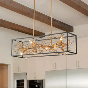 Modern Gold Branch Crystal Black Rectangle Island Chandelier