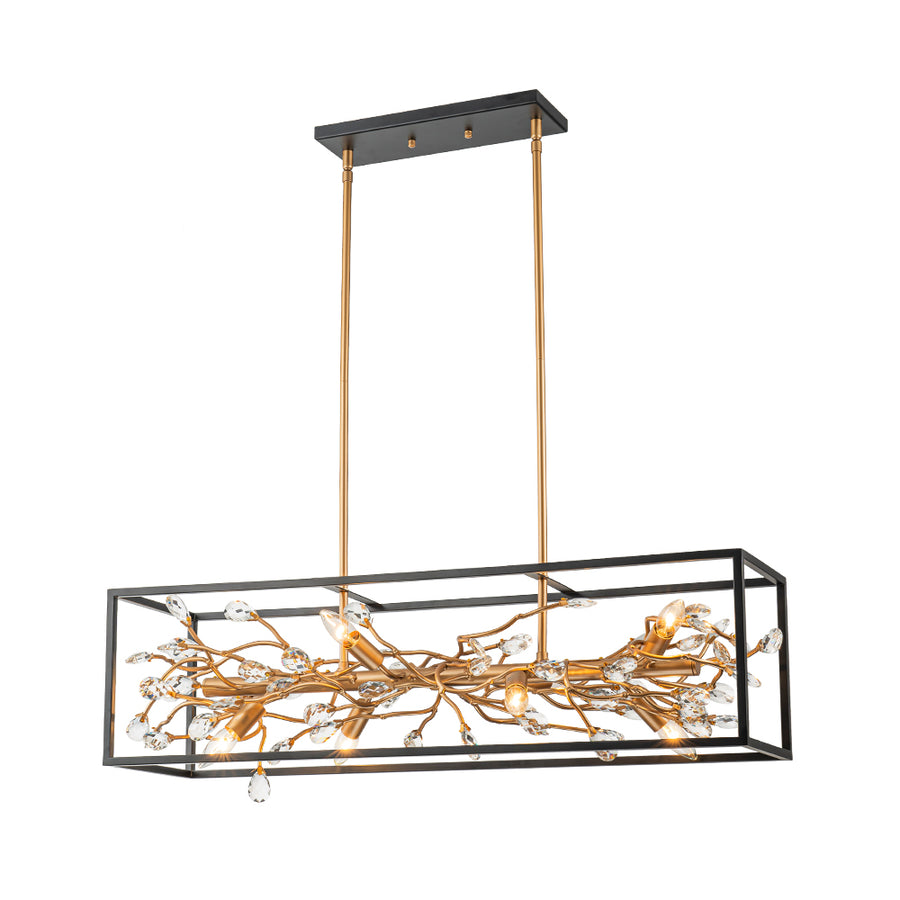 Modern Gold Branch Crystal Black Rectangle Island Chandelier