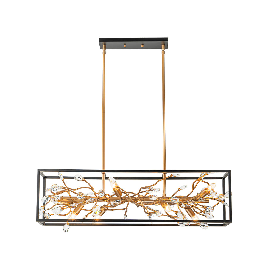 Modern Gold Branch Crystal Black Rectangle Island Chandelier