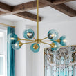 Load image into Gallery viewer, Modern Mid-Century Blue Glass Globe Brass Sputnik Chandelier
