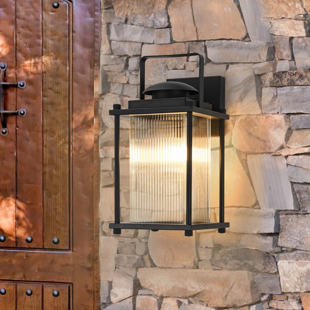 Farmhouze Light - 1 - Light Black Fluted Glass Lantern Outdoor Wall Sconce - Wall Sconce - 1 Pack - 