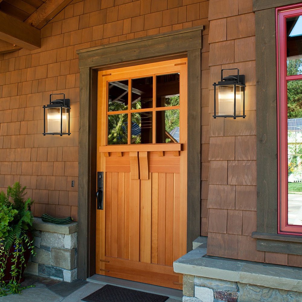 Farmhouze Light - 1 - Light Black Fluted Glass Lantern Outdoor Wall Sconce - Wall Sconce - 2 Packs - 