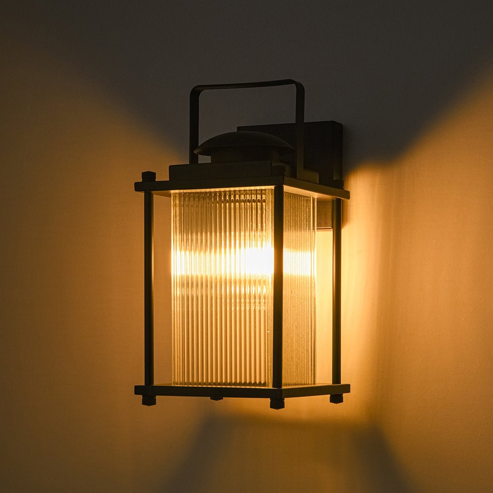 Farmhouze Light - 1 - Light Black Fluted Glass Lantern Outdoor Wall Sconce - Wall Sconce - 2 Packs - 