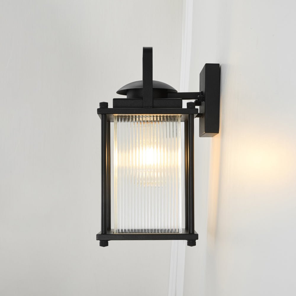 Farmhouze Light - 1 - Light Black Fluted Glass Lantern Outdoor Wall Sconce - Wall Sconce - 2 Packs - 