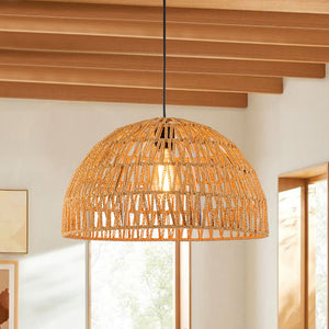 Farmhouze Light - 1 - Light Rustic Boho Woven Rope Dome Pendant Light - Pendant - Medium - Brown