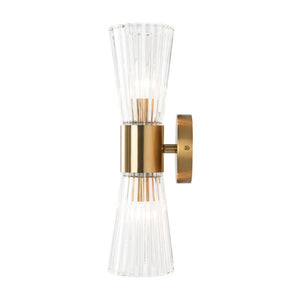 Farmhouze Light - 2 - Light Clear Striped Glass Dual Cone Vantiy Wall Sconce - Wall Sconce - Brass - 
