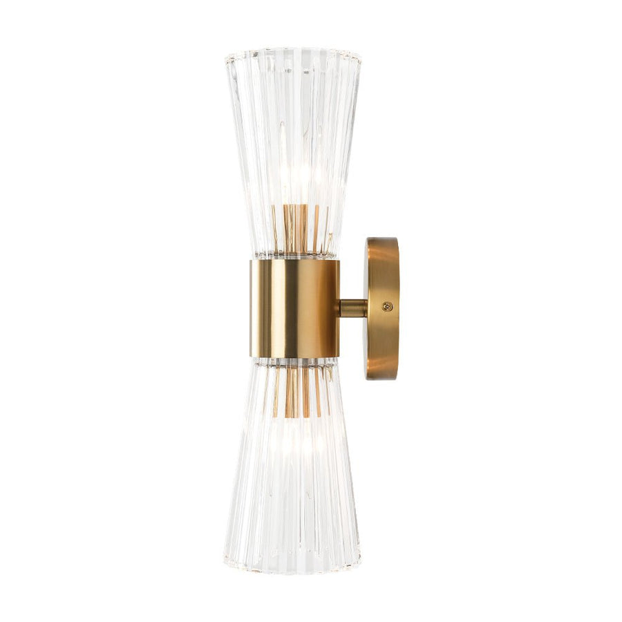 Farmhouze Light - 2 - Light Clear Striped Glass Dual Cone Vantiy Wall Sconce - Wall Sconce - Brass - 