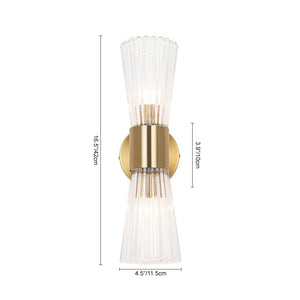 Farmhouze Light - 2 - Light Clear Striped Glass Dual Cone Vantiy Wall Sconce - Wall Sconce - Brass - 
