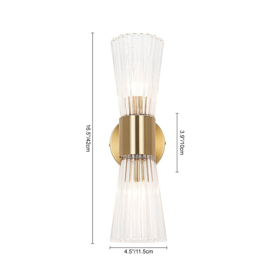 Farmhouze Light - 2 - Light Clear Striped Glass Dual Cone Vantiy Wall Sconce - Wall Sconce - Brass - 