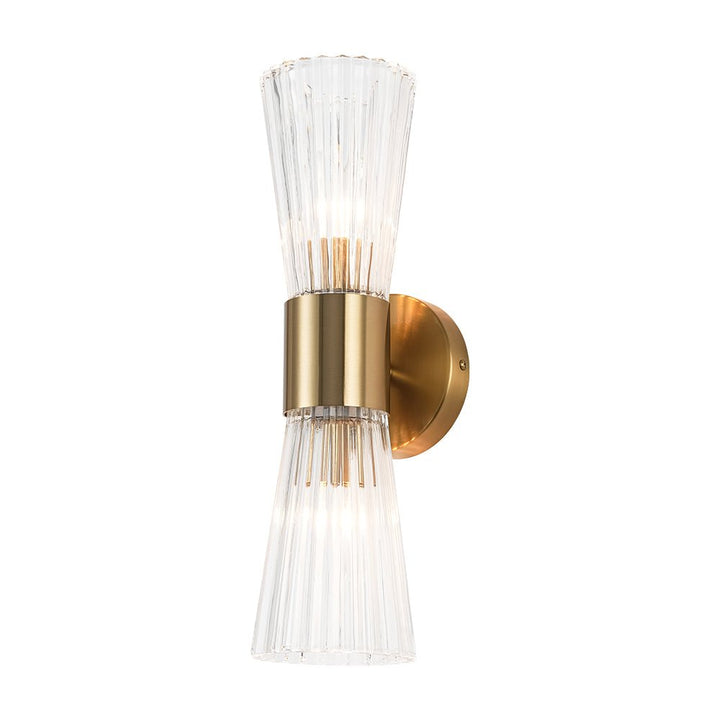 Farmhouze Light - 2 - Light Clear Striped Glass Dual Cone Vantiy Wall Sconce - Wall Sconce - Brass - 