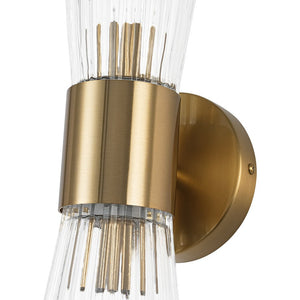 Farmhouze Light - 2 - Light Clear Striped Glass Dual Cone Vantiy Wall Sconce - Wall Sconce - Brass - 