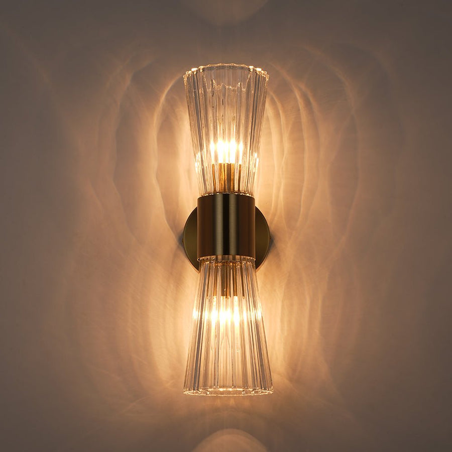 Farmhouze Light - 2 - Light Clear Striped Glass Dual Cone Vantiy Wall Sconce - Wall Sconce - Brass - 