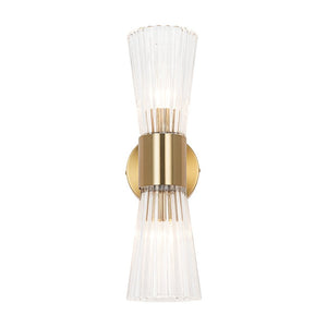 Farmhouze Light - 2 - Light Clear Striped Glass Dual Cone Vantiy Wall Sconce - Wall Sconce - Brass - 
