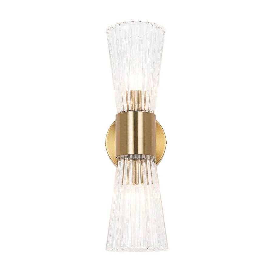Farmhouze Light - 2 - Light Clear Striped Glass Dual Cone Vantiy Wall Sconce - Wall Sconce - Brass - 