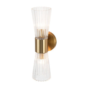 Farmhouze Light - 2 - Light Clear Striped Glass Dual Cone Vantiy Wall Sconce - Wall Sconce - Brass - 
