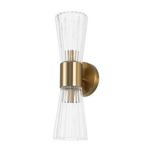 Farmhouze Light - 2 - Light Clear Striped Glass Dual Cone Vantiy Wall Sconce - Wall Sconce - Brass - 