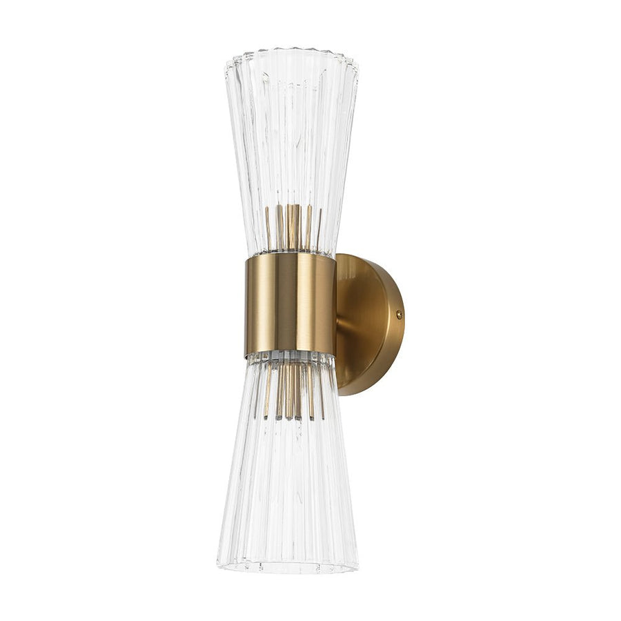 Farmhouze Light - 2 - Light Clear Striped Glass Dual Cone Vantiy Wall Sconce - Wall Sconce - Brass - 