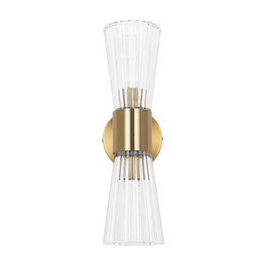 Farmhouze Light - 2 - Light Clear Striped Glass Dual Cone Vantiy Wall Sconce - Wall Sconce - Brass - 