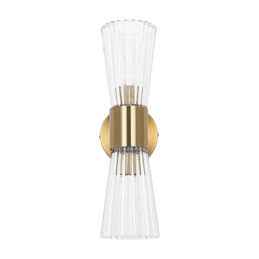 Farmhouze Light - 2 - Light Clear Striped Glass Dual Cone Vantiy Wall Sconce - Wall Sconce - Brass - 