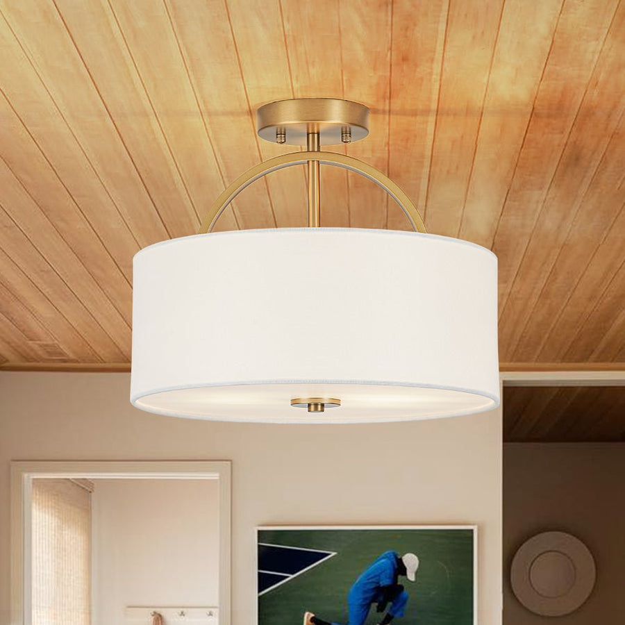 Farmhouze Light - 2 - Light Linen Drum Shade Semi Flush Ceiling Light - Ceiling Light - Brass - 