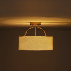 Farmhouze Light - 2 - Light Linen Drum Shade Semi Flush Ceiling Light - Ceiling Light - Brass - 