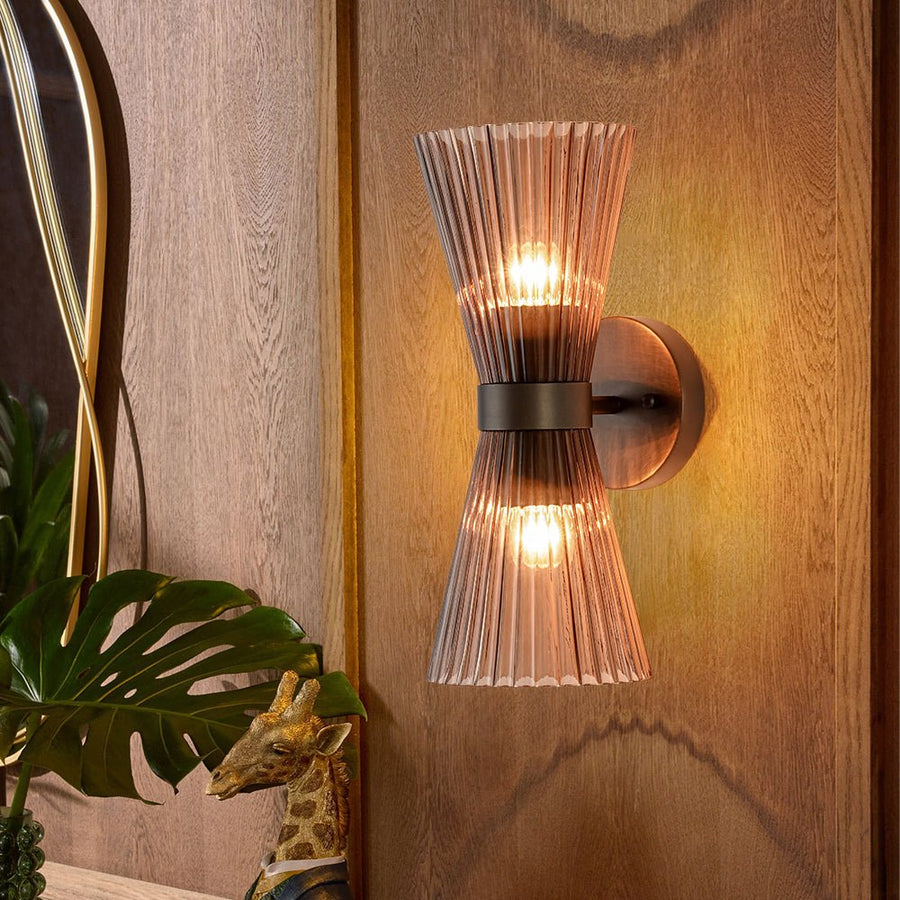 Farmhouze Light - 2 - light UP Down Striped Glass Double Cone Wall Light - Wall Sconce - Brown Glass + Oil - Rubbed Bronze Finish - 