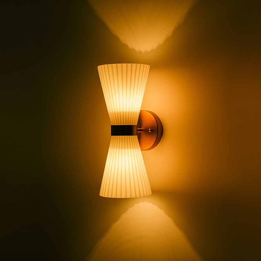Farmhouze Light - 2 - light UP Down Striped Glass Double Cone Wall Light - Wall Sconce - Frosted Glass + Brass Finish - 