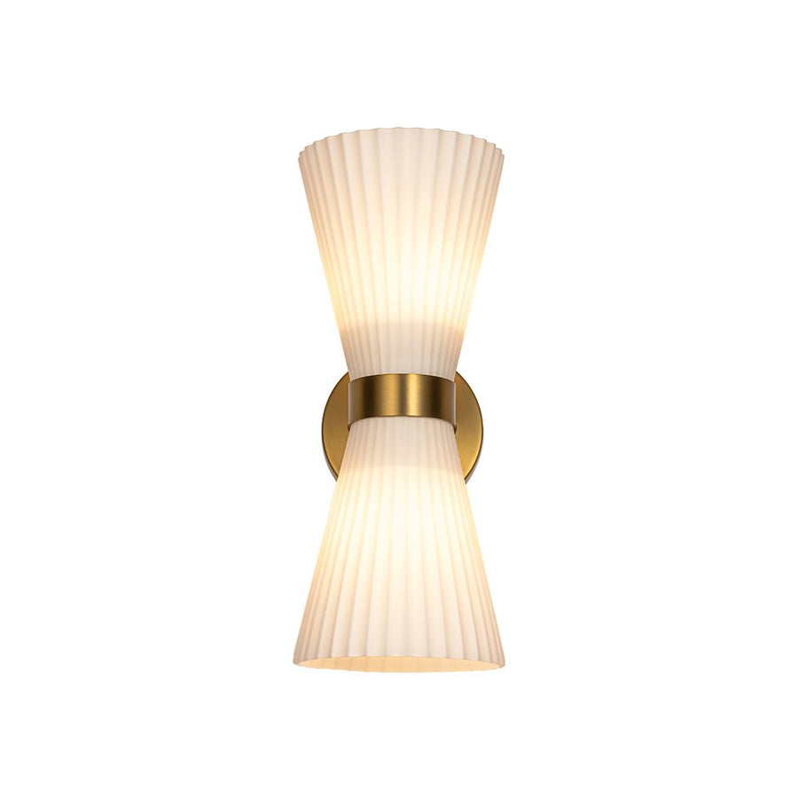 Farmhouze Light - 2 - light UP Down Striped Glass Double Cone Wall Light - Wall Sconce - Frosted Glass + Brass Finish - 