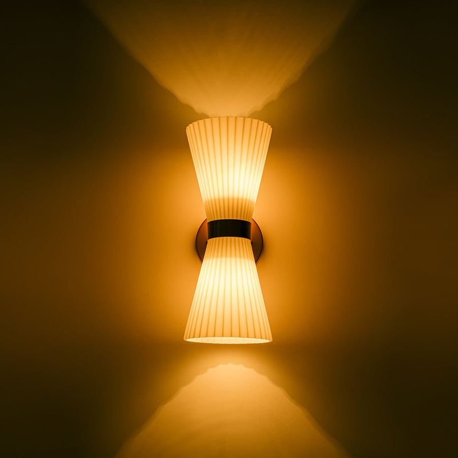 Farmhouze Light - 2 - light UP Down Striped Glass Double Cone Wall Light - Wall Sconce - Frosted Glass + Brass Finish - 