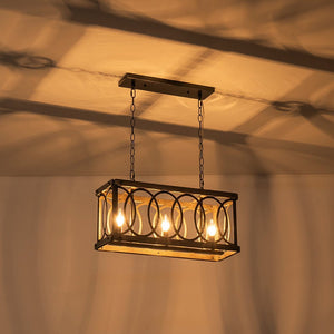 Farmhouze Light - 3 - Light Antique Wooden Rectangular Cage Island Pendant - Chandelier - Poplar - 