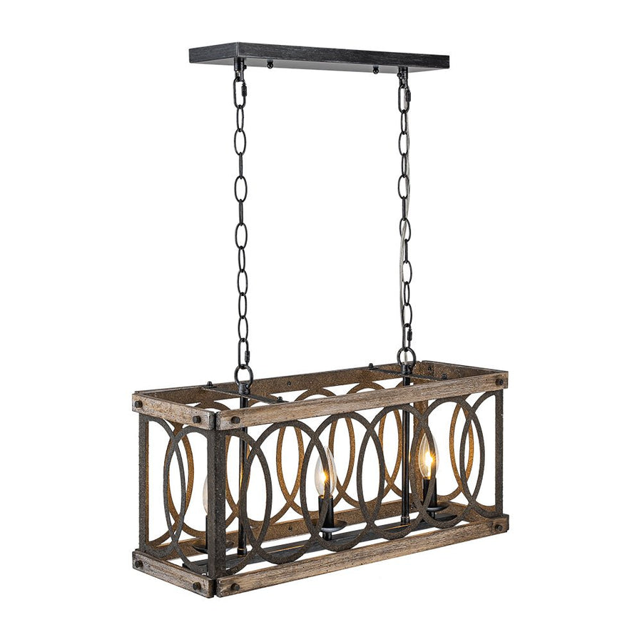 Farmhouze Light - 3 - Light Antique Wooden Rectangular Cage Island Pendant - Chandelier - Poplar - 