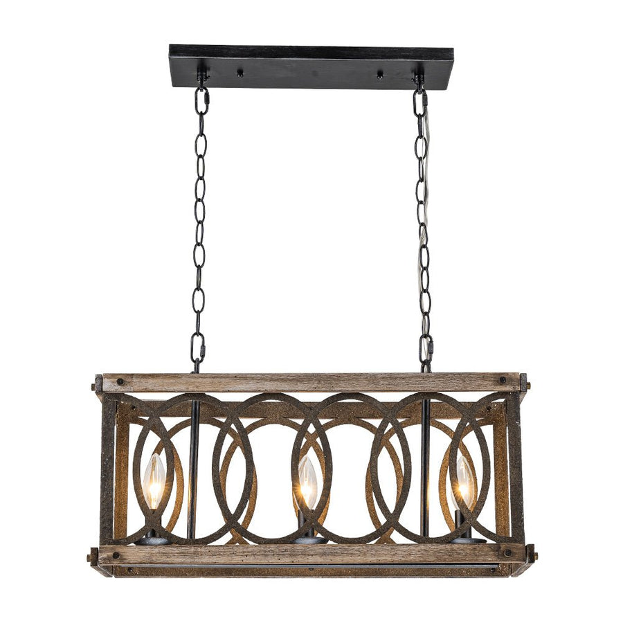 Farmhouze Light - 3 - Light Antique Wooden Rectangular Cage Island Pendant - Chandelier - Poplar - 