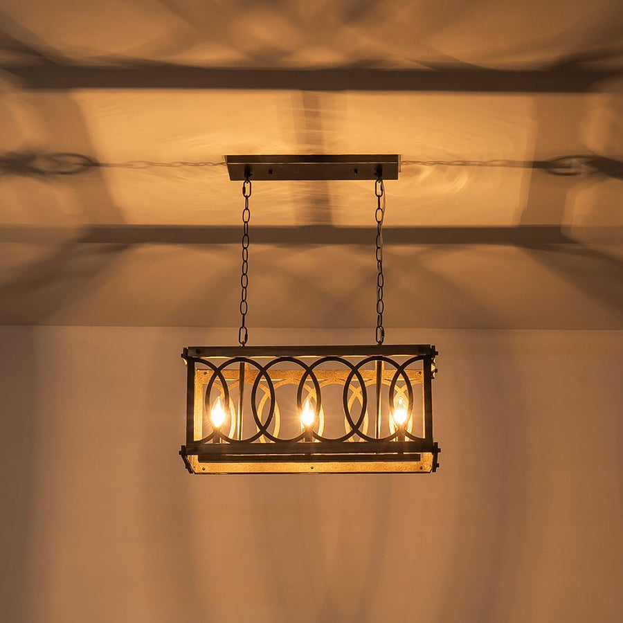 Farmhouze Light - 3 - Light Antique Wooden Rectangular Cage Island Pendant - Chandelier - Poplar - 