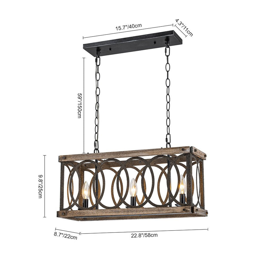 Farmhouze Light - 3 - Light Antique Wooden Rectangular Cage Island Pendant - Chandelier - Poplar - 