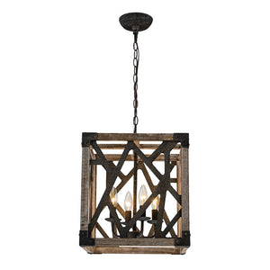 Farmhouze Light - 4 - Light Candle Style Aged Wooden Square Lantern Pendant Light - Pendant - Poplar - 