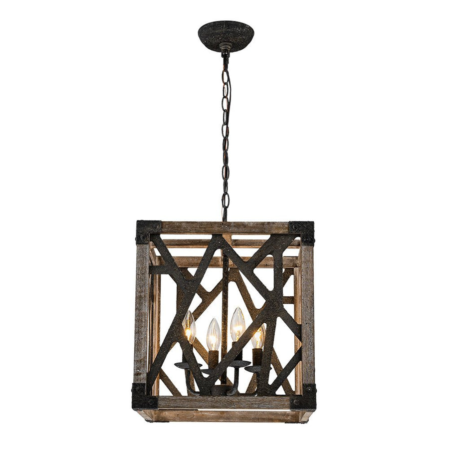 Farmhouze Light - 4 - Light Candle Style Aged Wooden Square Lantern Pendant Light - Pendant - Poplar - 