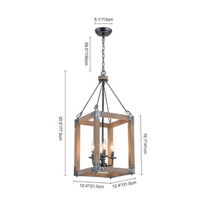 Farmhouze Light - 4 - Light Distressed Wood Square Lantern Pendant Light - Chandelier - Poplar - 