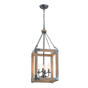 Farmhouze Light - 4 - Light Distressed Wood Square Lantern Pendant Light - Chandelier - Poplar - 