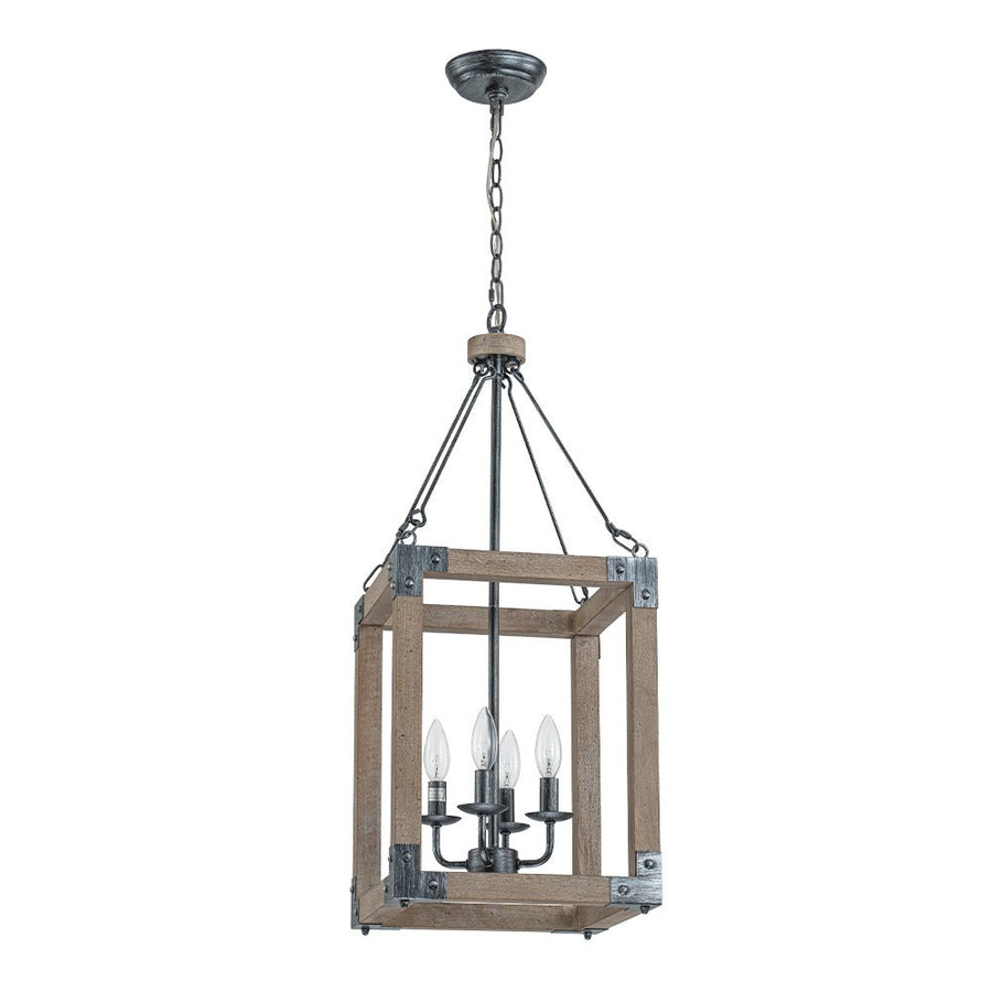 Farmhouze Light - 4 - Light Distressed Wood Square Lantern Pendant Light - Chandelier - Poplar - 