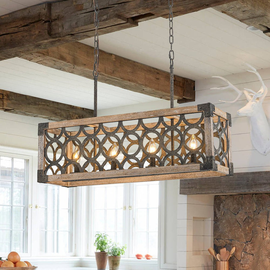 Farmhouze Light - 4 - Light Rustic Wooden Rectangular Cage Island Chandelier - Chandelier - Poplar - 