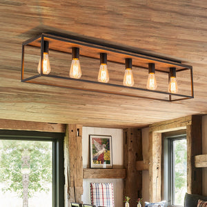 Farmhouze Light - 5 - Light Rectangular Cage Flush Mount Ceiling Light - Ceiling Light - 6 Bullbs - 