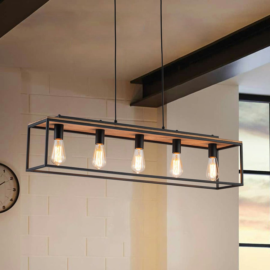 Farmhouze Light-5-Light Rectangular Cage Kitchen Island Pendant-Chandelier-Black-