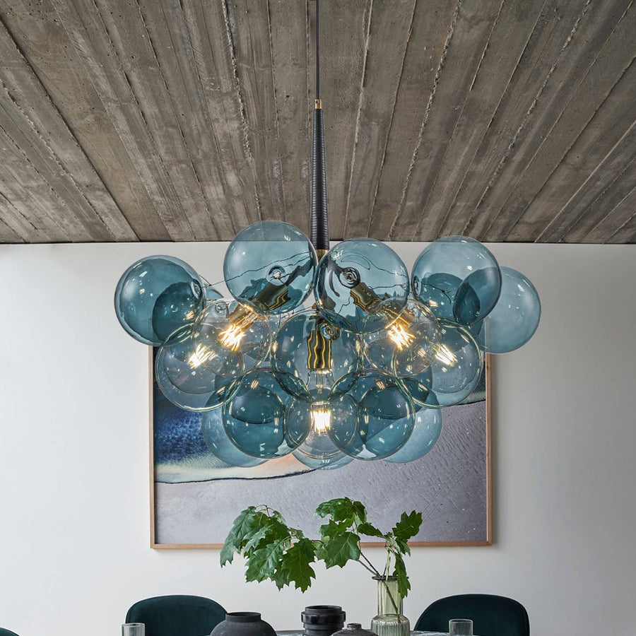 Farmhouze Light - 6 - Light DimmableCluster Glass Globe Blue Bubble Chandelier - Chandelier - Black + Brass - 