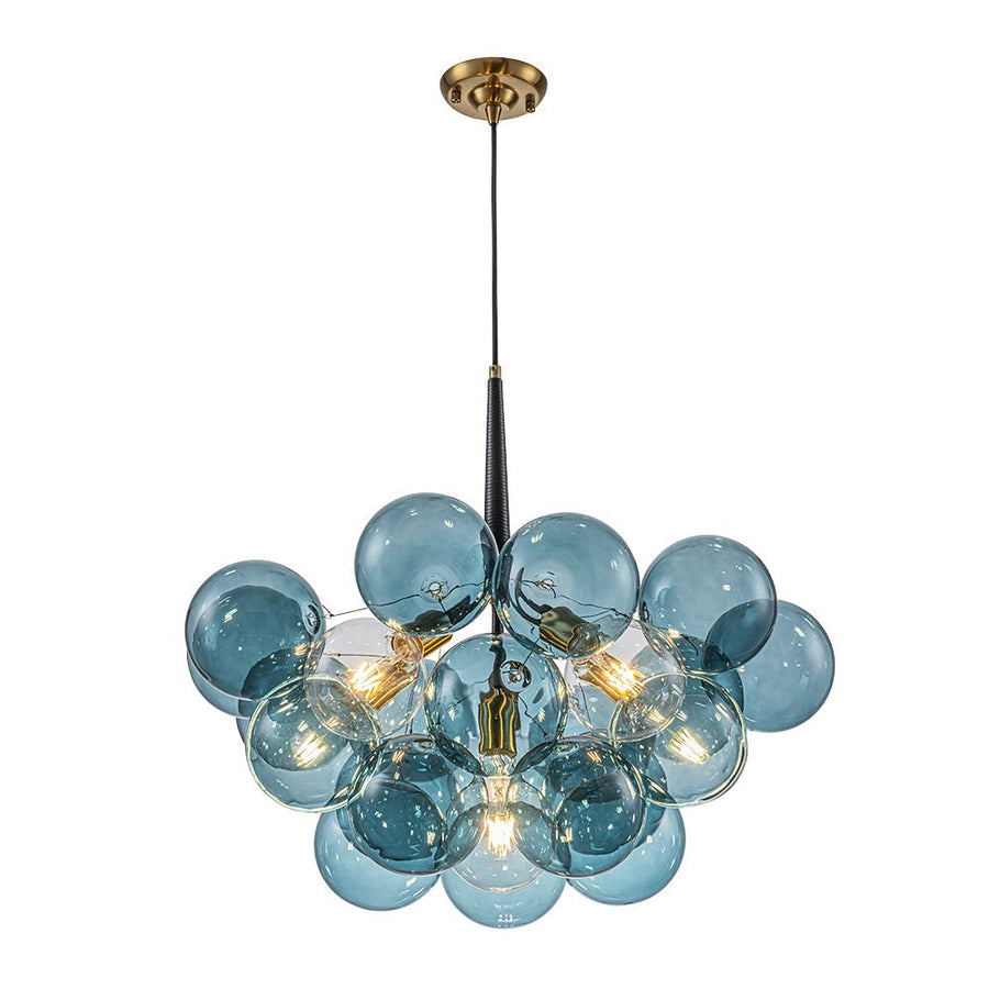 Farmhouze Light - 6 - Light DimmableCluster Glass Globe Blue Bubble Chandelier - Chandelier - Black + Brass - 