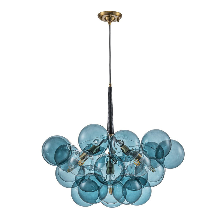 Farmhouze Light - 6 - Light DimmableCluster Glass Globe Blue Bubble Chandelier - Chandelier - Black + Brass - 